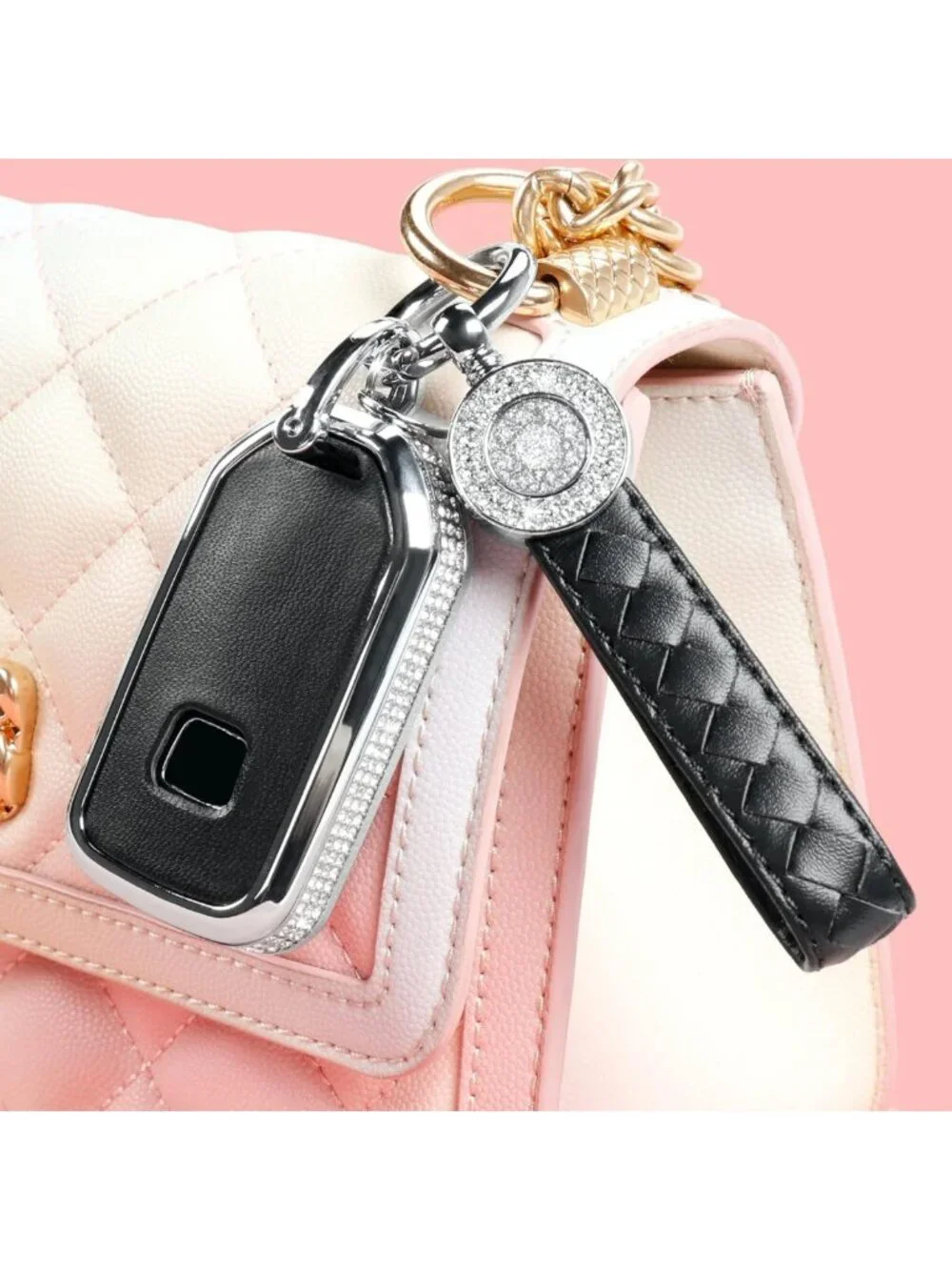 Stylish Black Leather Key Fob Cover with Keychain - Crystal Protection Case for